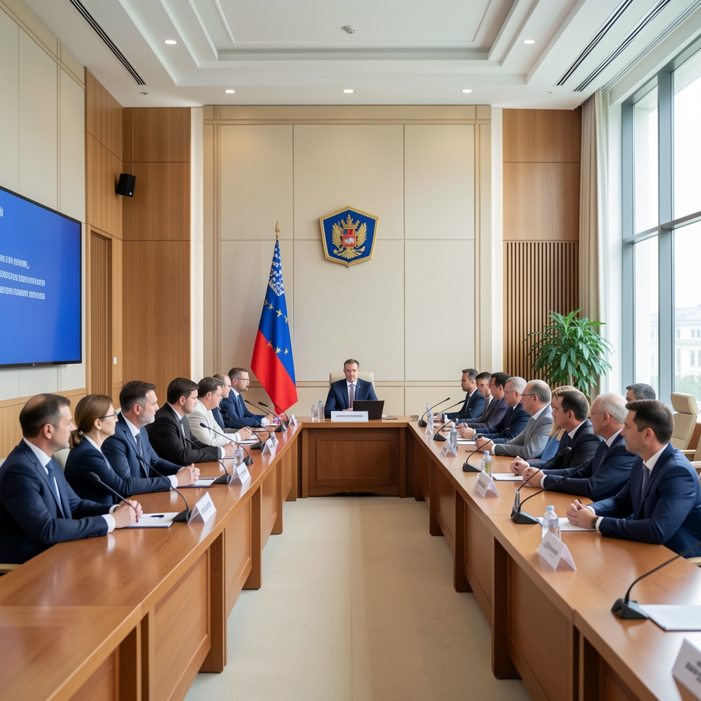 Репортёр берёт интервью у источника на фоне казахстанского парламента, сцена демонстрирует профессиональную журналистскую работу